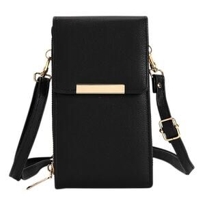 BLACK LEATHER PHONE CROSSBODY BAG DOUBLE COMPARTMENT DONNA & BECKY ELEGANT DAISY